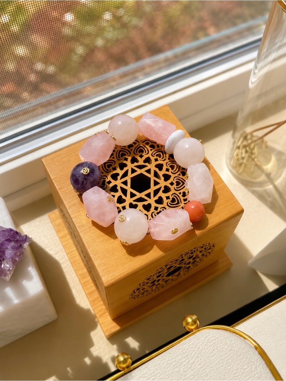 Rose Quartz, Clear Quartz & Carnelian Crystal Bracelet